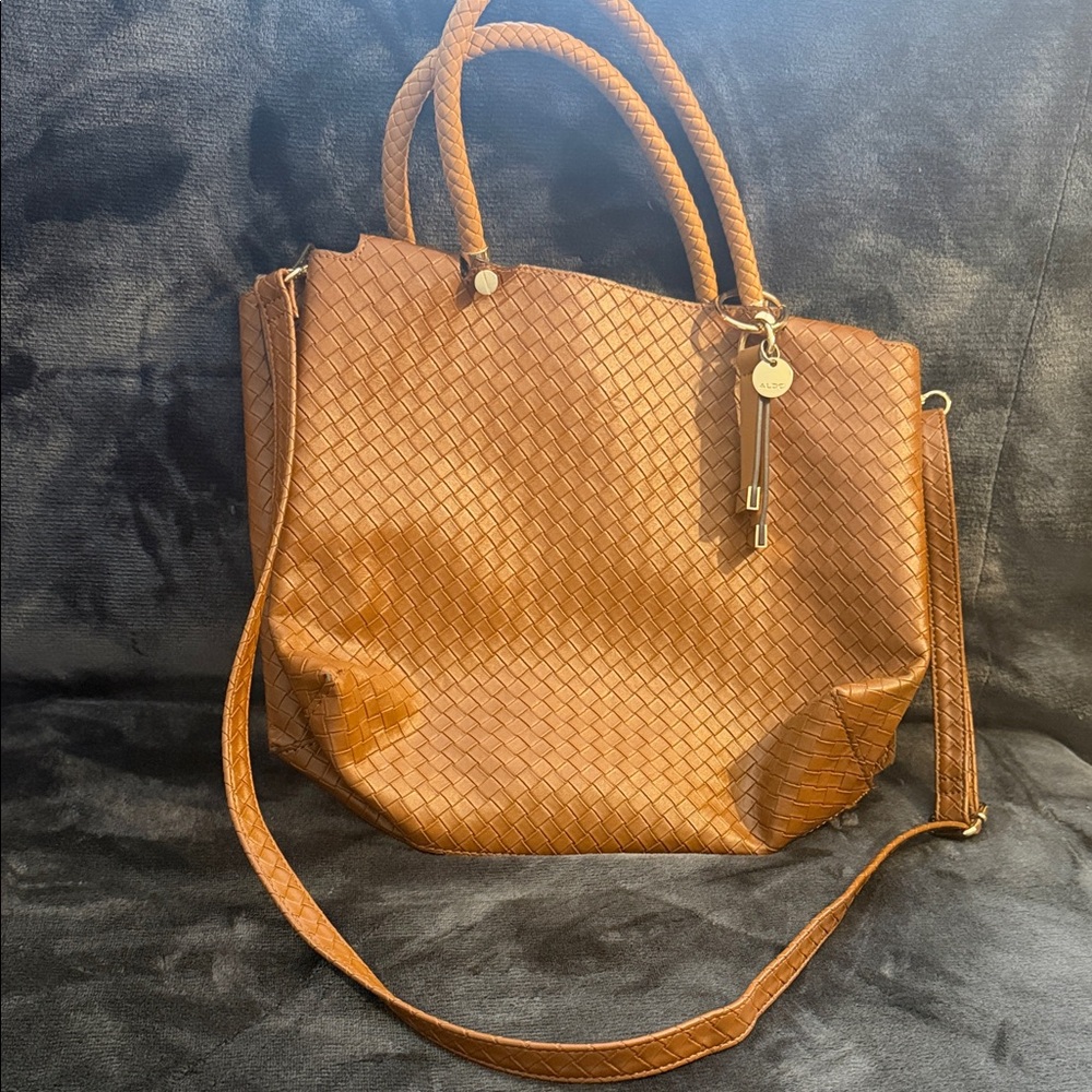 Woven Tote Bag in Cognac Brown - Stylish Shoulder & Crossbody
